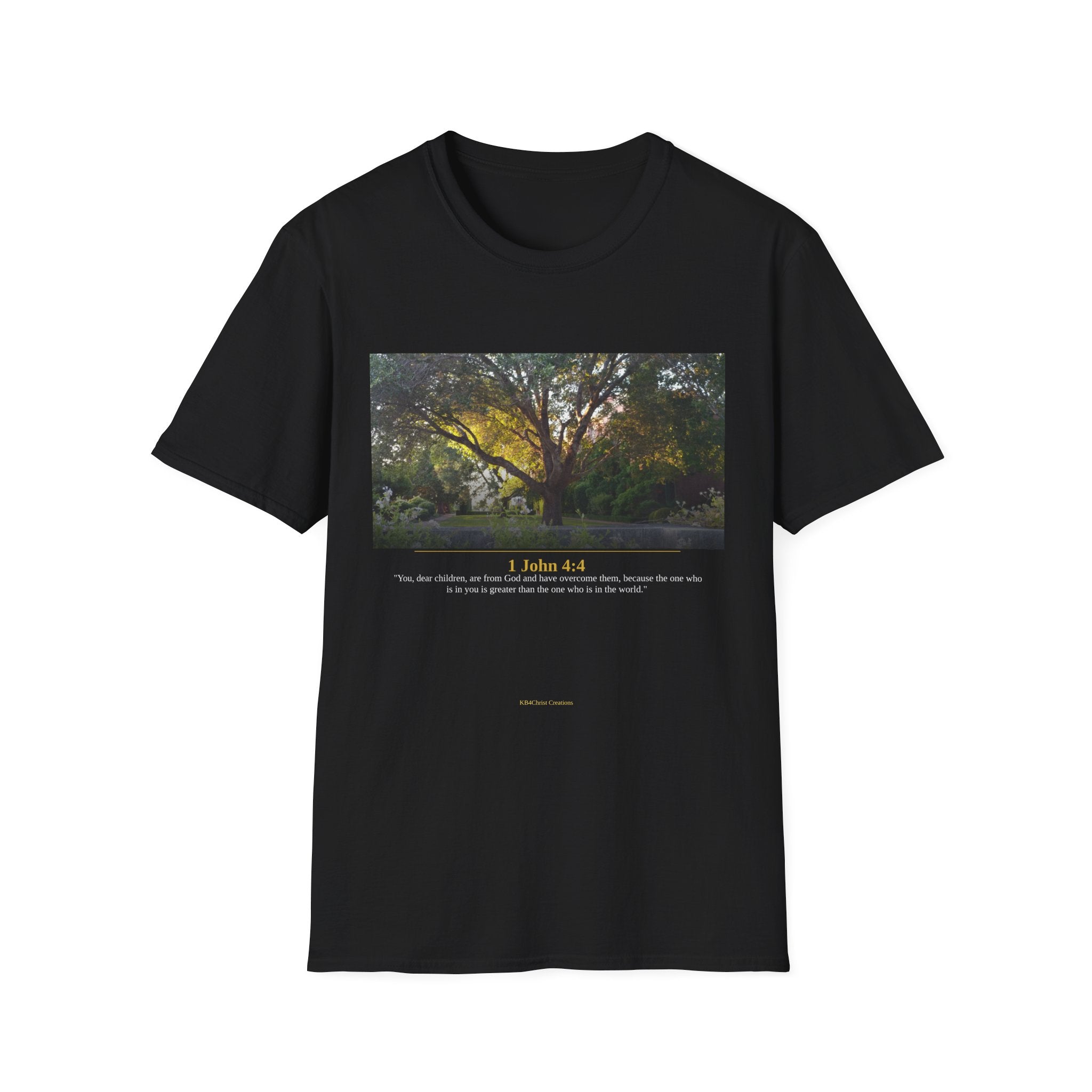 1 John 4:4 Christian T-Shirt | Greater Is He | Black Scripture Tee | Overcoming Faith Gift