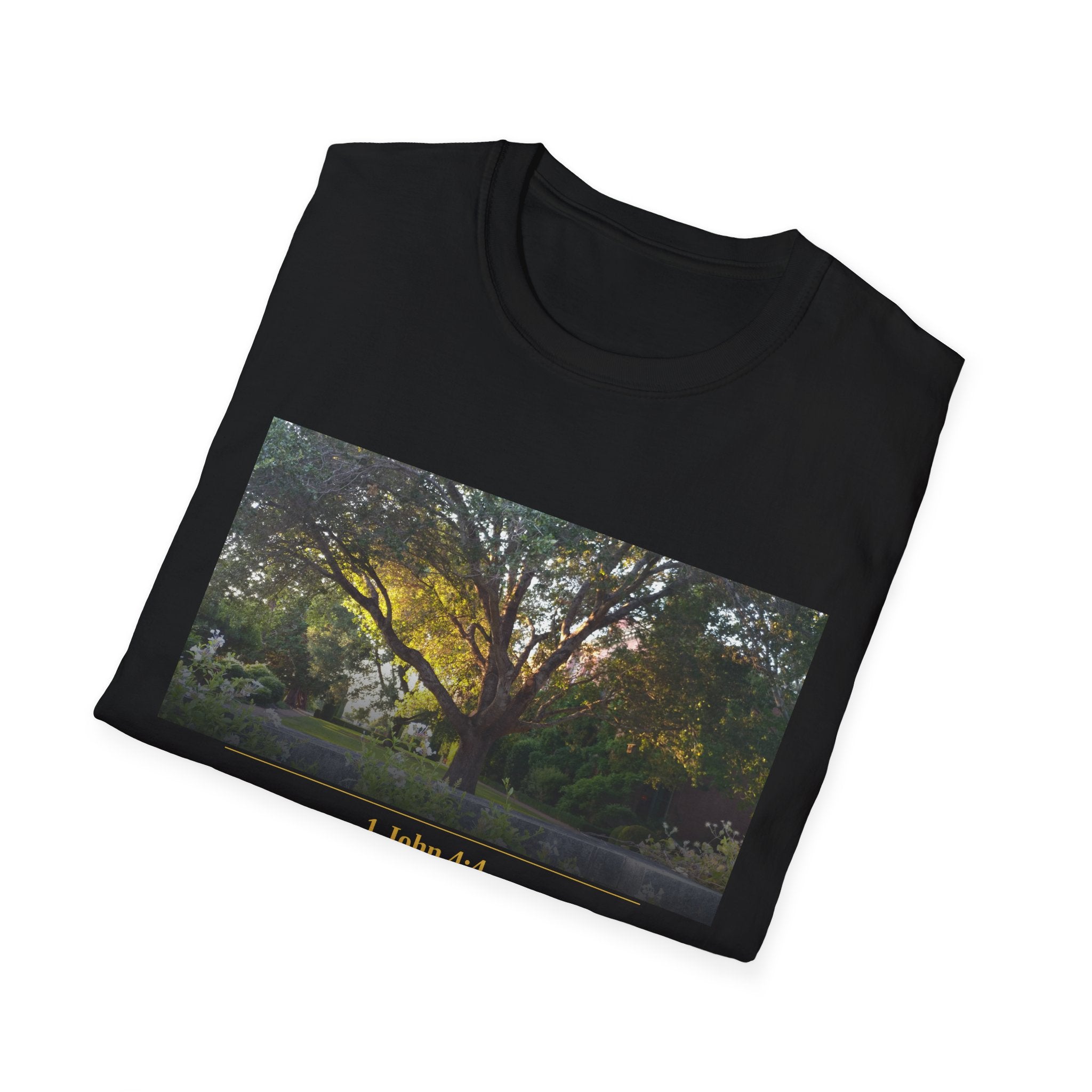 1 John 4:4 Christian T-Shirt | Greater Is He | Black Scripture Tee | Overcoming Faith Gift